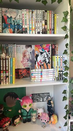 a book shelf filled with lots of books and figurines on top of it