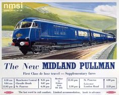 an advertisement for the new holland pullman train, with a blue passenger train on it's tracks