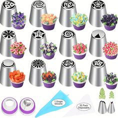 a bunch of different types of flower pots with flowers in them and some decorations on the top