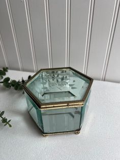 an octagonal glass box sitting on top of a white table next to a green plant