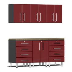 two red and black cabinets next to each other