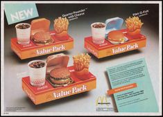 three mcdonald's hamburgers and fries are shown in this ad for value pack