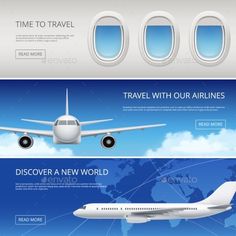 three banners with an airplane and the world map in the background - web elements graphics