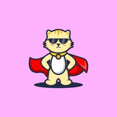 a cat with sunglasses and a cape on it's chest, standing in the middle of a pink background