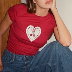 Stretch Summer Tops With Heart Print, Red Heart Print Casual Top, Casual Red Heart Print Top, Casual Red Top With Heart Print, Trendy Red Top With Heart Print, Fitted Red Tops With Heart Print, Fitted Red Heart Print Top, Fitted Red Top With Heart Print, Harajuku Wigs