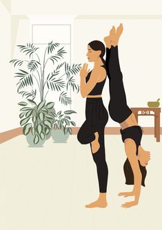 two women doing yoga in front of a potted plant