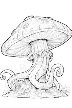 a black and white drawing of a mushroom with an octopus crawling under it's head