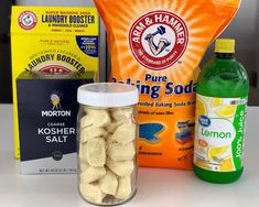 the ingredients for making marshmallows are displayed on a counter top, including butter, lemon juice and baking soda