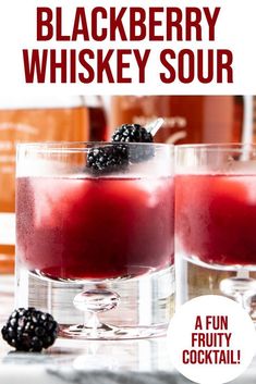 blackberry whiskey sour recipe in glasses with blackberries on the rim and text overlay