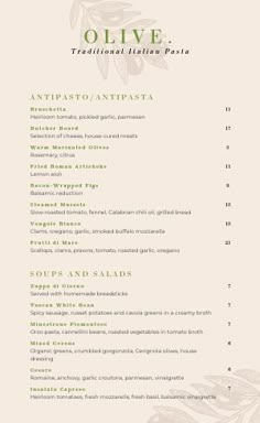 the menu for olive restaurant in italy