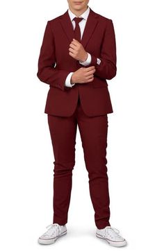 If you are looking for nonchalant coolness for your kiddo's next suit, the Blazing Burgundy will get the job done. It’s bold and versatile color makes it an outfit that can be worn all year round. Need a hot, stylish take on suits? This solid burgundy suit is all you need. Includes jacket, pants and clip-on tie Jacket has two-button closure; notched lapels; nonfunctional four-button cuffs; chest pocket; front flap pockets; side vents
 Trousers have zip fly with button-tab closure; front slant po Suit Tie, Teen Boy Outfits, Hooded Flannel, Burgundy Suit, Flat Front Pants, Polo Jeans, 3 Piece Suits, Teen Boy