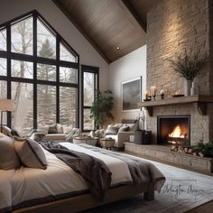 a large bedroom with a fireplace in the center and lots of windows on both sides