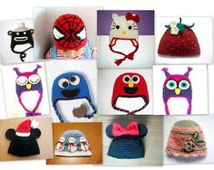 there are many crocheted hats and beanies for children to wear on the same day