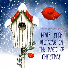 a birdhouse with a cardinal flying over it and the words never stop believing in the magic of christmas