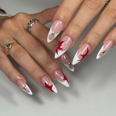 ⭐️🌹⭐️ . . Inspi : ? . #frenchnails #summernails #flowersnails #gelx #onglesbordeaux #nailsbordeaux #nailsnailsnails #starnails Red Inspired Nails, Red Vacation Nails, Red Butterfly Nails, French With Flowers, French Nails With Flowers, French Stiletto Nails, Red And White Nails, Nail Piercing, Nails Aesthetic