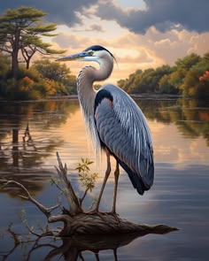 a painting of a blue heron standing on a tree branch in the water at sunset