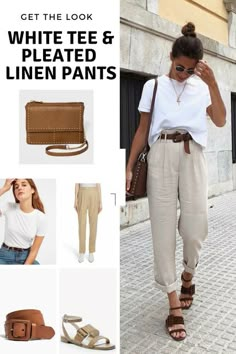 Get the look: white tee and pleated linen pants - Cheryl Shops Pleated Linen Pants, White Linen Pants Outfit, Style Pinterest, Summer Pants Outfits, White Linen Pants, Beige Outfit, Summer Work Outfits