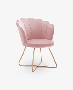 a pink chair with gold legs and a shell shaped backrest on a white background