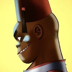 an animated image of a man wearing a red and blue outfit with his hair in the shape of a skull