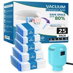 the vacuum storage bag is on display next to several packs of mattresses and pillows