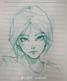 a drawing of a woman's face on lined paper