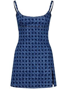 Fixed spaghetti straps. Back zip closure. All over print placement may vary. Model is wearing a size40 Printed Denim Dress, Giambattista Valli Dress, Marine Uniform, Dark Blue Dress, Denim Mini Dress, Window Shopping, Blue Mini Dress, Print Placement, Giambattista Valli