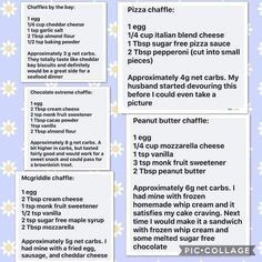 the recipe for pizza chaffles is shown in blue and white with daisies on it