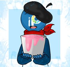 an image of a cartoon character holding a cup with ice cream on it's face