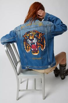 Ed Hardy NYC Tiger Denim Jacket | Urban Outfitters Vintage Varsity Jacket, Faux Shearling Coat, Corduroy Coat, Faux Leather Biker Jacket, Upcycle Sweater, Vintage Denim Jacket, Blue Fits, A Tiger, Oversized Jacket