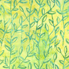 a green and yellow background with leaves on it's side, in shades of blue