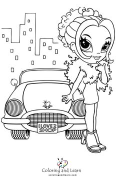 the littlest monster girl is standing next to her old car coloring pages for kids