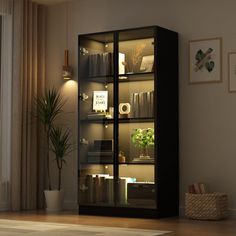 an empty living room with a bookcase and potted plant on the floor in front of it