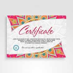 a gift certificate with an ornate design on the front and back of it, in bright colors