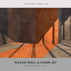 an orange and black room with shadows on the walls, floor and wallpaper that reads'misashi wall & floor set '