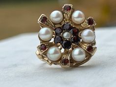 Pearl and Garnet Ring. British Hallmarks:  L & M.   weight:  8.5 grams 9kt yellow gold.  size 7 Victorian White 14k Gold Rings, Vintage Pearl, Garnet Ring, Vintage Pearls, Garnet Rings, Gorgeous Jewelry, Beautiful Ring, Vintage Ring, Rings Statement