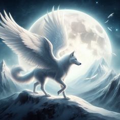 a white wolf standing on top of a mountain under a full moon