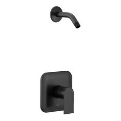 a black shower faucet with thermostaer and hand shower head