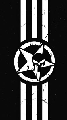 a black and white poster with the emblem of a skull on it's side