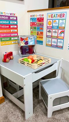 a child's play table and chair set in a room with posters on the wall