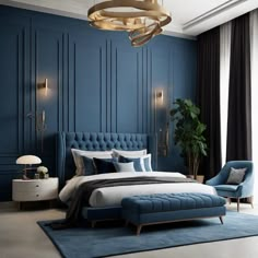 a bedroom with blue walls and white bedding in the center is an elegant chandelier