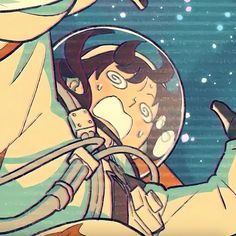 an animated image of a man in space with his hand on the side of him