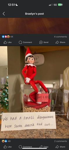 an elf is sitting on top of a glass jar with peanuts in it and the caption reads, we had a small assignment hope santa doesn't find out