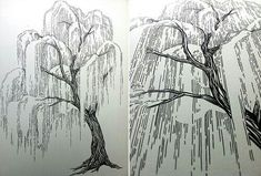 two drawings of trees with rain falling down on them