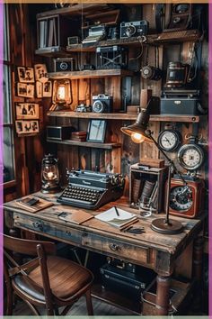 an old fashioned typewriter sitting on top of a wooden desk next to a lamp