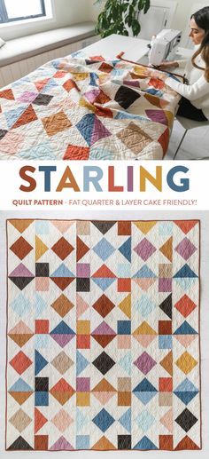 a woman sitting at a table with a quilt on it and the words starling written in