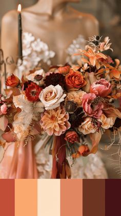 a woman holding a bouquet of flowers in front of a color swater with an orange and pink hue