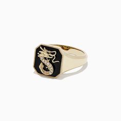 Effy Novelty 14K Yellow Gold Onyx and Diamond Dragon Signet Ring, 1.91 TCW Anniversary Black Enamel Diamond Jewelry, Diamond Dragon, Yellow Stone, Signet Ring, Gold Yellow, Class Ring, Round Diamonds, Gold Metal, Onyx