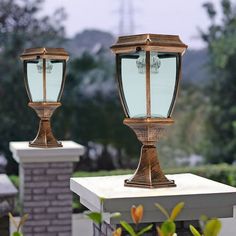 two lamps sitting on top of a table next to each other in front of trees