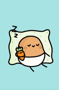 a cartoon character sleeping on top of a pillow with a carrot in it's hand