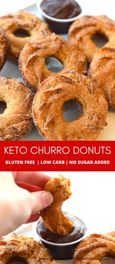 Keto Churro Donuts! Everyone loves churros... and most everyone loves donuts.. so I figured, why not put the two together! Soft cinnamon sugar donuts with a golden brown exterior are brushed with melted butter and rolled in cinnamon "sugar" topping. They are then served with a sugar free chocolate sauce for dipping.. Absolutely DELICIOUS! #ketochurrodonuts #lowcarbchurrodonuts #ketochurrorecipe #ketochurrowaffles #lowcarbchurrorecipe Keto Dessert Recipes 3 Ingredients, Dessert Recipes 3 Ingredients, Keto Snacks Sweet, Recipes 3 Ingredients, Churro Donuts, Snacks Sweet, Keto Snacks Easy